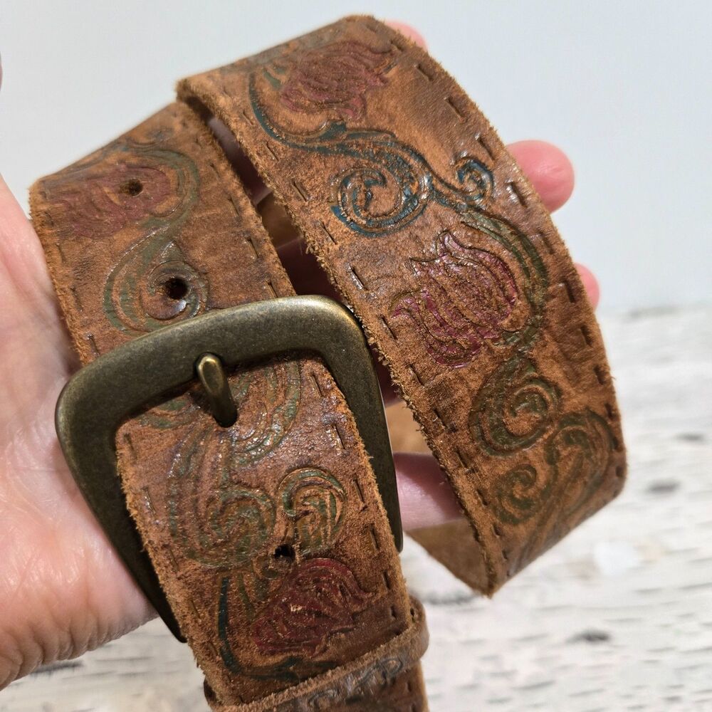 Rustic Leather Belt Brown Floral Tooled 1.5" Wide Women Size L Brass Tone Buckle
